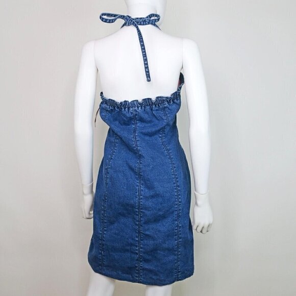 Thalia Sodi Y2K Vintage Halter Sleeveless Denim Jean Mini Dress Floral Womens 16 - Picture 4 of 8